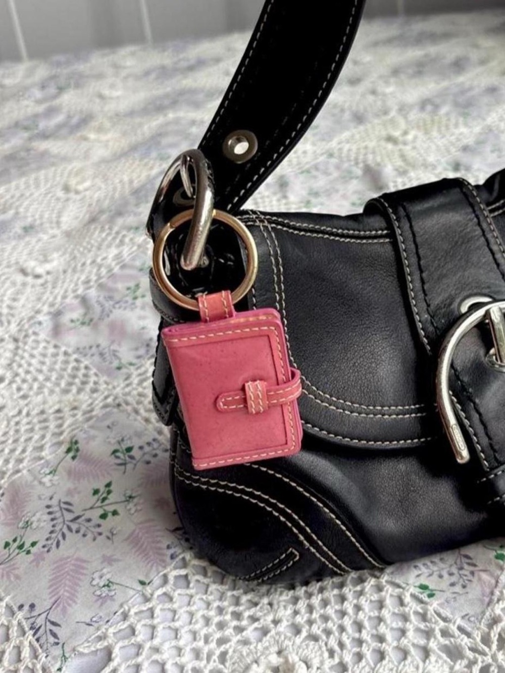 Y2K Vintage Coach pink patent leather photo book keychain with gold hardware